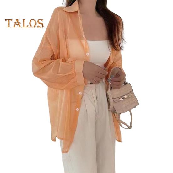 Women Shirt Lapel Long Sleeve Single Breasted Shirt Tops Solid Color Loose Fit See-through Glossy Fabric Sunscreen Thin Shirt