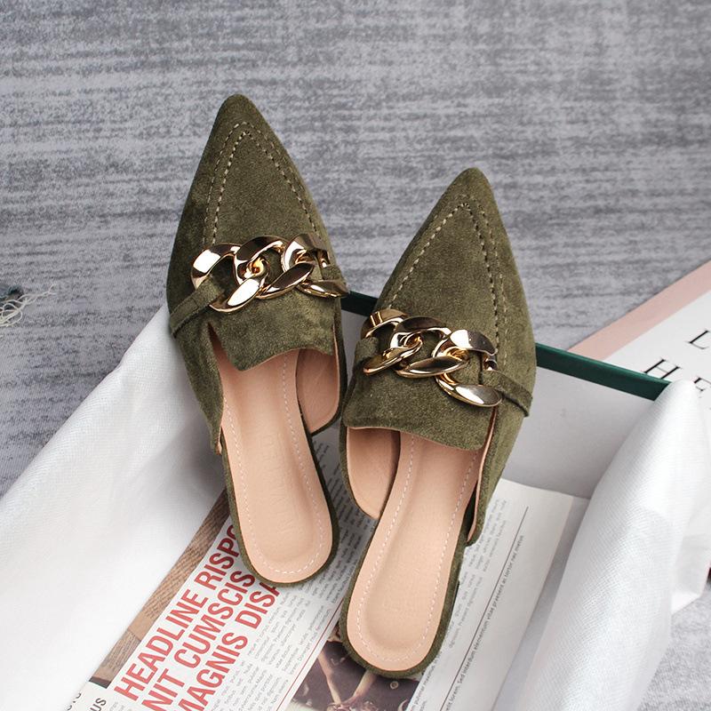 

Дизайнерские женские туфли-мюли на цепочке, флоковые тапочки с острым носком, шлепанцы, сандалии на плоской подошве, летние шлепанцы, домашние тапочки 36 зелёный