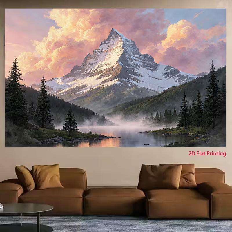 2D Misty Mountain Forest Tapestry, Snow-Capped Peak & Calm Lake Background Cloth 47.2x31.5inch/120*80cm