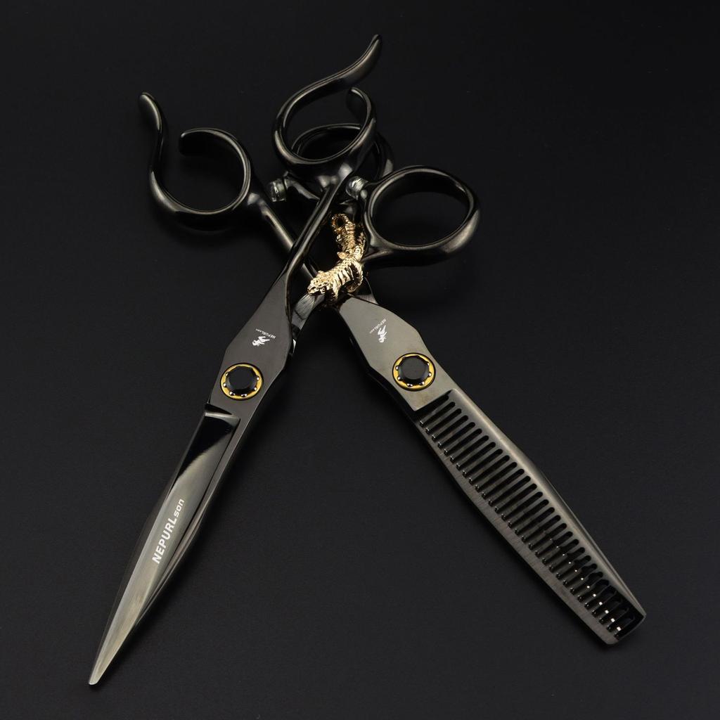 6.0 Inch Nimpson Black Steel Notched Handle Small Golden Tiger, Bearing Screw Hair Scissors, Hair Scissors, Thin Teeth Scissors
