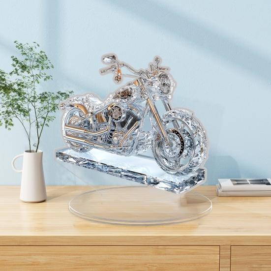 Faux Crystal Acrylic Motorcycle Ornament 2D Flat Clear Motorbike Table Sign with Base Home Office Desktop Bookshelf Decoration