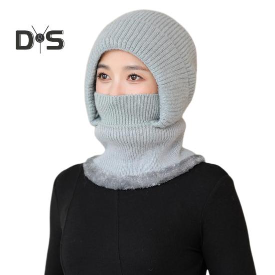 

Женская зимняя шапка со встроенным шарфом, толстый искусственный мех кролика, теплая трикотажная ветрозащитная, высокая эластичность, полная защита, подходит для путешествий на открытом воздухе в холодную погоду серый
