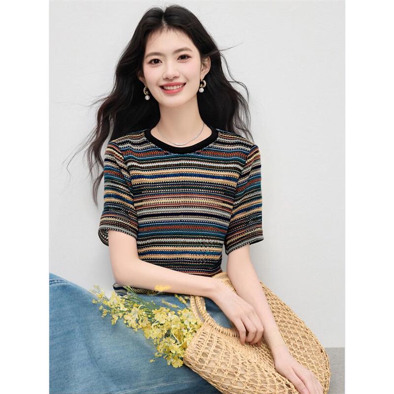 Women's Color Block Striped Knit Casual T-Shirt