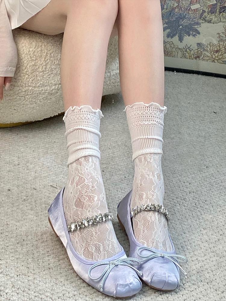 Japanese Style Black Fungus Edge Hollowed Out Lace Pile Socks Summer Thin Women's Breathable Design Mid Calf Socks Lace Socks