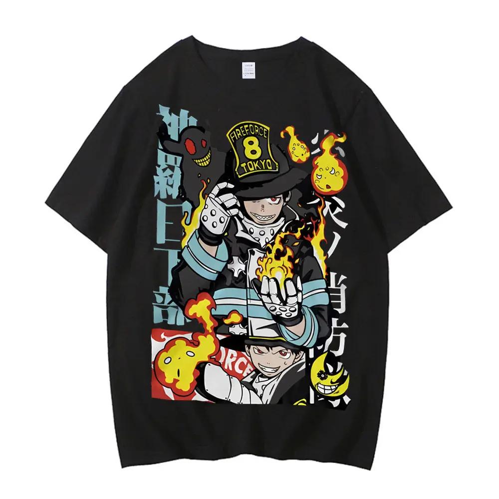 Fire Force T-Shirt Baumwolle Männlich Kawaii Koreanische Kleidung Retro Atmungsaktiv Klassisches Hemd Bunt Retro Anime Streetwear Damen