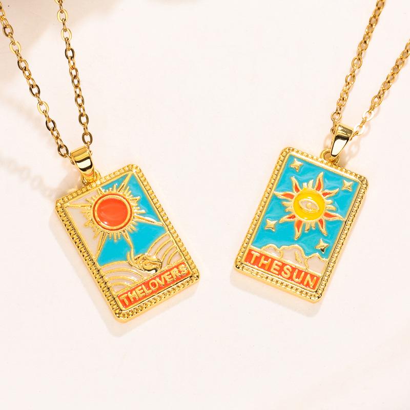 Retro Boyfriend Style Square Tarot Card Pendant Necklace with Zircon Clavicle Chain 