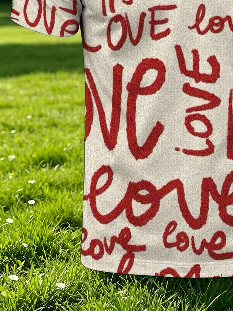 Men's Outdoor Polo Shirt, Available in Multiple Sizes. Features a Beige Base with All-over Red "love" Handwritten Doodle Print, and a Light White