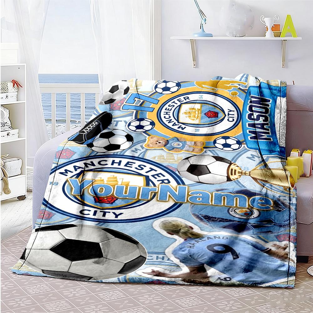 Manchester City Personalized Text Blanket Lightweight Customizable Blanket Ultra-Soft Suitable for Living Room Office Chair Bed Picnics