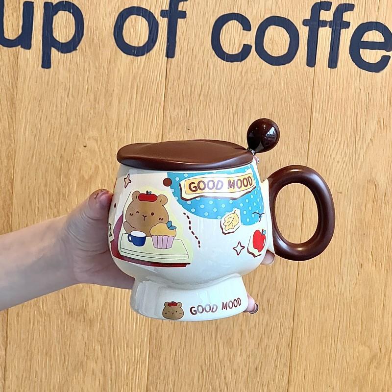 Cana Ceramică Drăguță Ursuleț Unt cu Capac Linguriță pentru Fete Cadou de Ziua de Naștere Suvenir Cană de Cafea pentru Micul Dejun