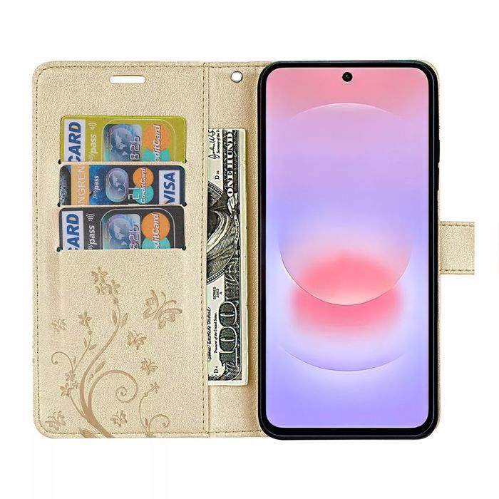 Coque + 2 Verres Trempés pour Samsung Galaxy A37 5G, Protection Cuir PU Motif Papillon Doré