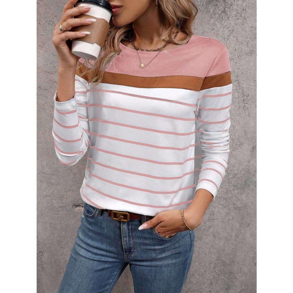 Striped Color-Block 3D Printed Long-Sleeve T-Shirt, Casual Women's Wear, Fashionable, Loose and Comfortable Slim-Fit Top