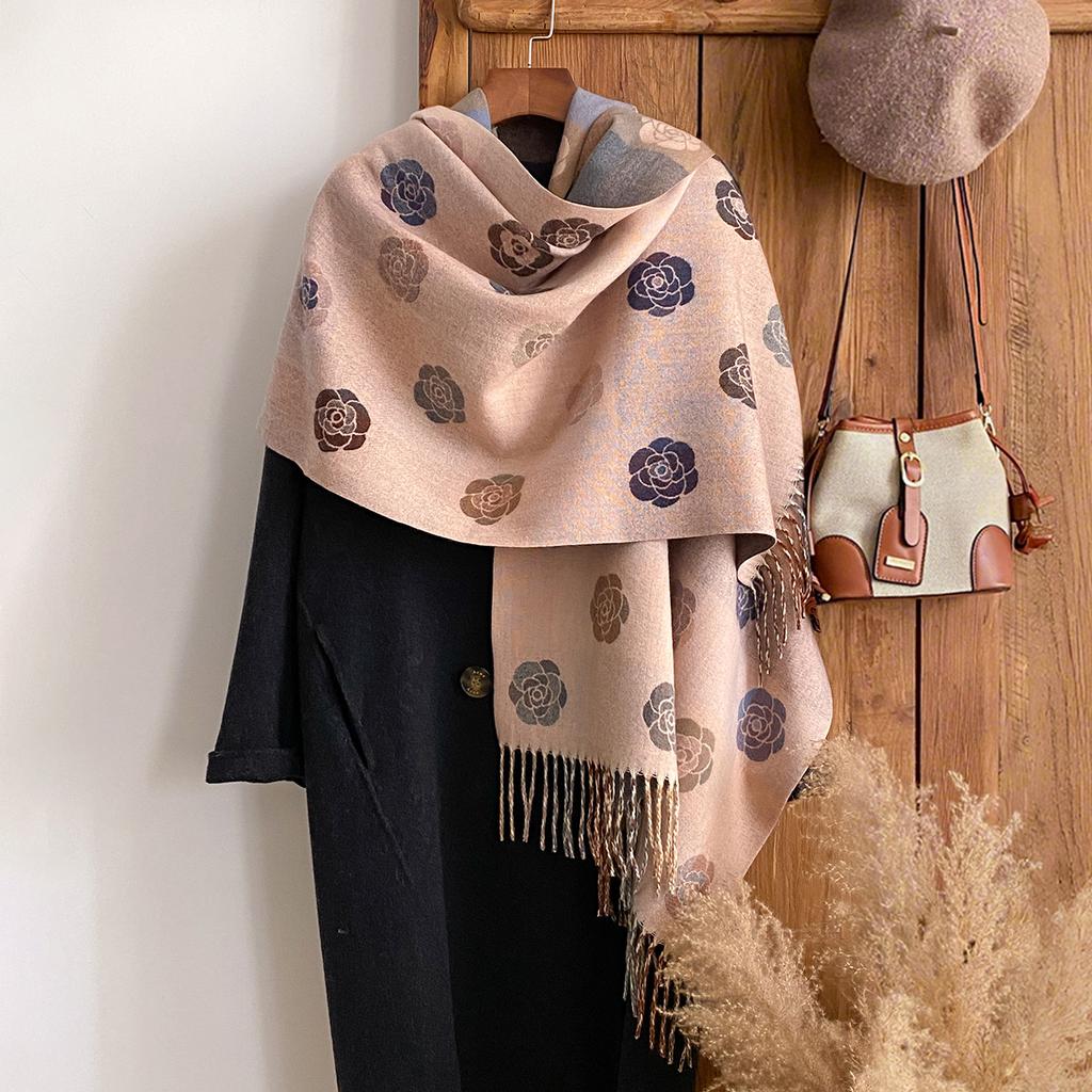 Versatile Jacquard Autumn And Winter Rose Splicing Double-Sided Imitation Cashmere Scarf Winter Warm Shawl Women