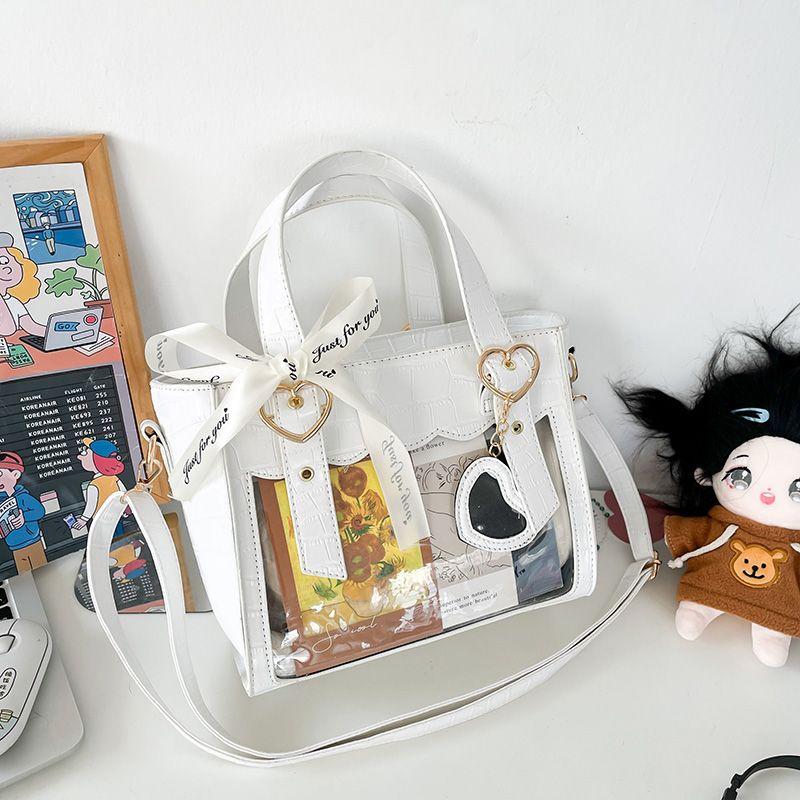

Sweet Cute Laced Bow Heart Charm Ita Bag Women Anime Crocodile Shoulder Bag Ladies Transparent Leather Large Capacity Handbag 25x20x13cm белый