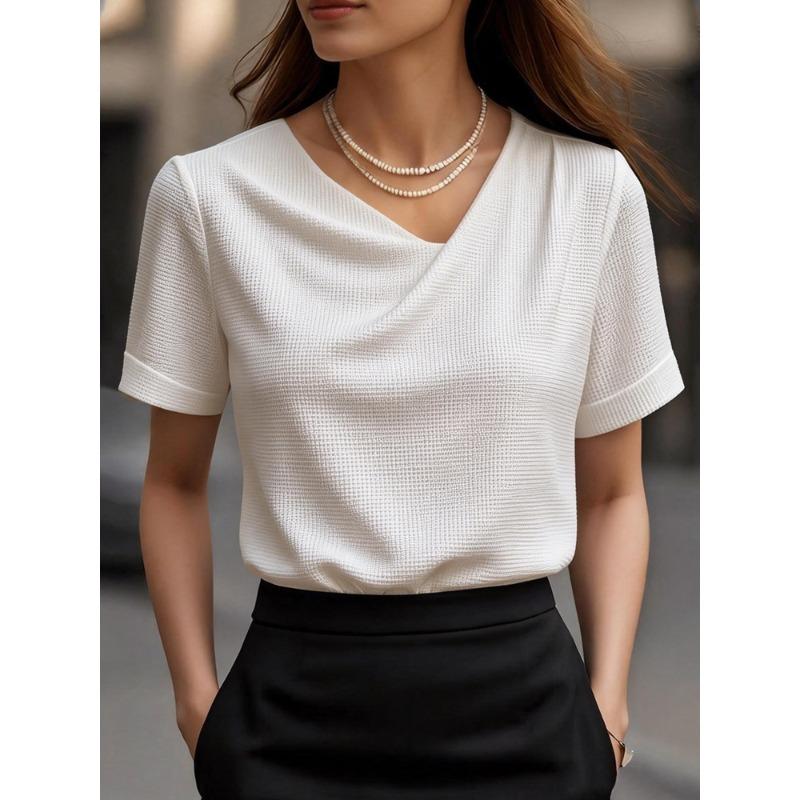JPNTKY Women's Fashion Casual Solid Color Print Short Sleeve V Neck Blouses & Shirts