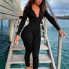 Tuta da donna a maniche lunghe con zip sul colletto, aderente, a vita alta, in maglia a coste, unitard casual sportivo