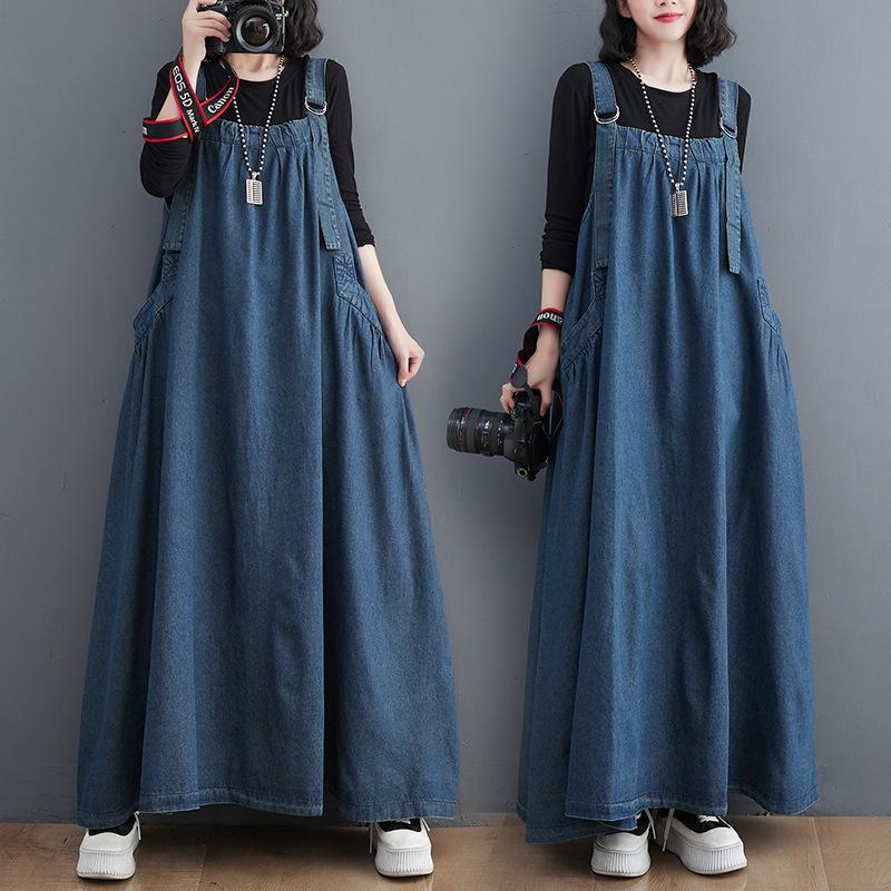 New spring, summer and autumn long dress retro loose and thin denim strap skirt long pendulum dress women's tide