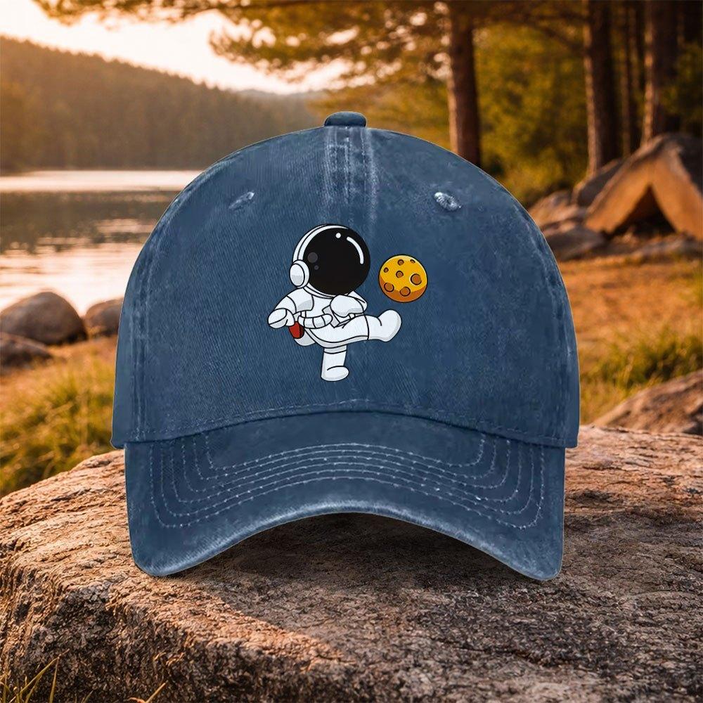 Astronaut Kicking Moon Print Washed Baseball Cap Adjustable Cotton Casual Outdoor Sports Hat