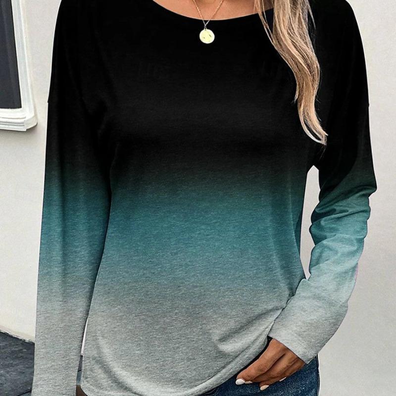 

Splicing Casual Geometric Color Gradient Women s Long Sleeved Round Neck T-shirt S