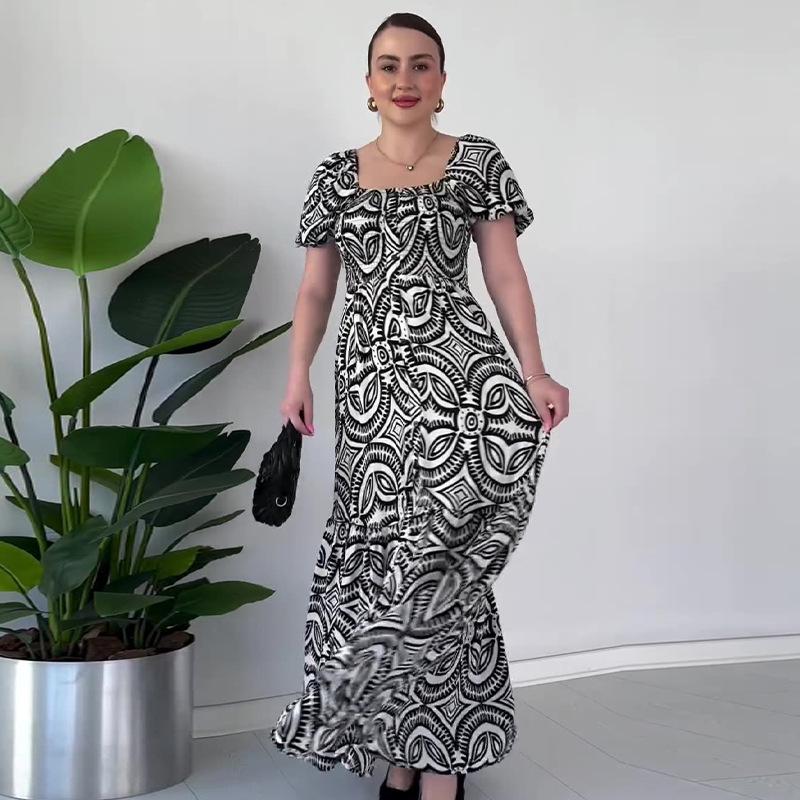 

2024 Summer Women s French Retro Square Neck Printed Long Dress Medium