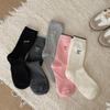 Gray-Blue Striped Embroidered Bow Socks for Women – Korean Ballet Style, Trendy All-Match Socks