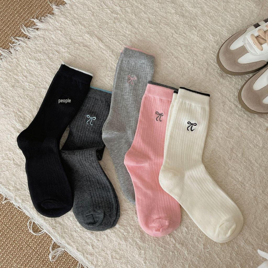 Gray-Blue Striped Embroidered Bow Socks for Women – Korean Ballet Style, Trendy All-Match Socks