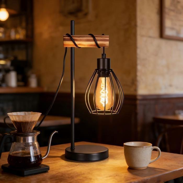 Nettlife Lampe de Table Industrielle Bois &amp; Métal Noir, Cage, pour Salon/Chambre/Bureau/Cuisine