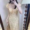 French sexy V-neck floral dress women's summer temperament waist long dress coffee break dress seaside vacation dress