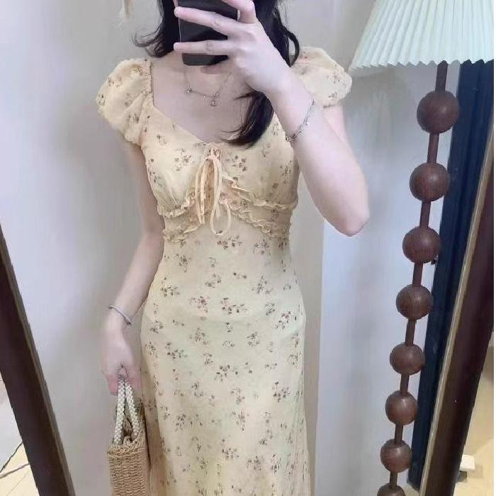 French sexy V-neck floral dress women's summer temperament waist long dress coffee break dress seaside vacation dress