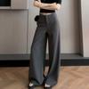 Gray High-Waisted Wide-Leg Pants Drapey Fabric Loose Fit Casual Women's Fashion Trousers Daily Wear Bottoms