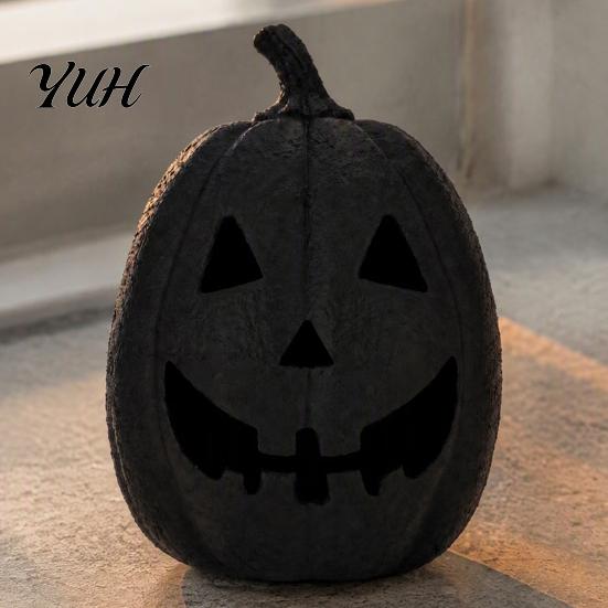 Unique Ghost Face Carving Halloween Pumpkin Figurine, Black Resin Spooky Sculpture, Decor Gothic Tabletop Centerpiece for Home Table Mantel Fireplace