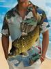 Men's Chinese-Themed Button-Up Shirt with Carp Leaping Dragon Gate Print - Short-Sleeve Lapel Collar, Breathable Polyester Suitable for Outdoor, Beach