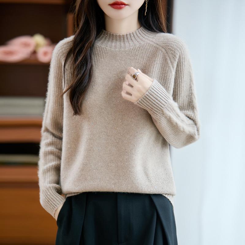Autumn/Winter Wool High-Neck Knit Sweater with Colorful Sequins - Thickened & Loose Fit
