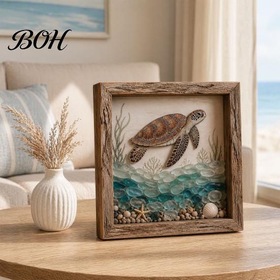 Exquisite Design Ornament Sea Glass Art Painting with LED Light, DIY Mosaic Arts and Craft Kit, Picture Frame Lamp Ocean Themed Beach Kit for