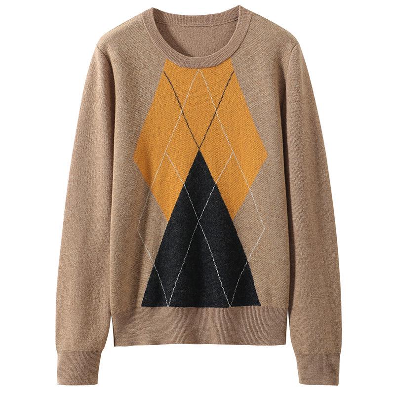2024 Women's Diamond Pattern Wool Knit Sweater - Round Neck Base Layer for Autumn & Winter