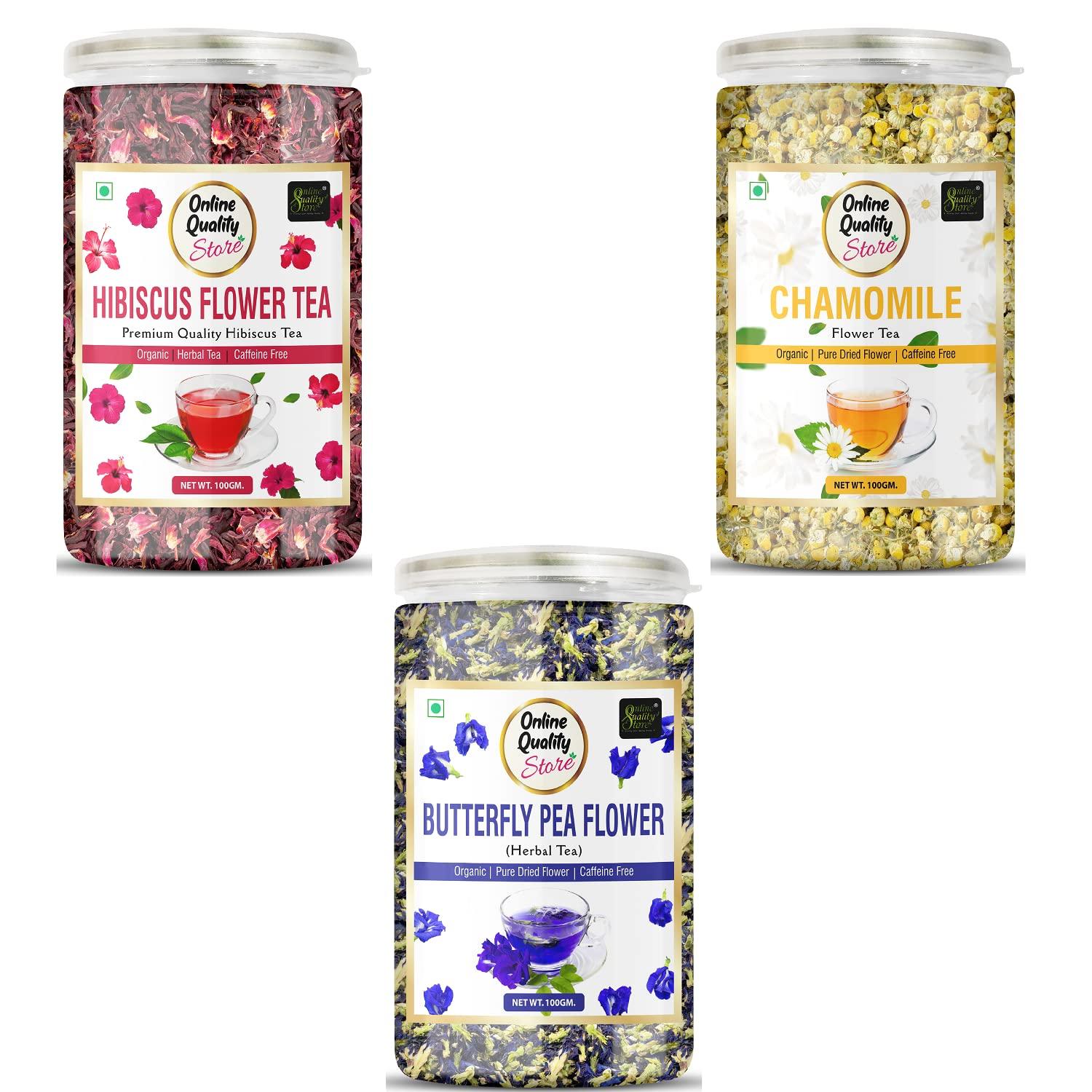 Online Quality Store Combo of Butterfly Pea Tea, Hibiscus Flower Tea, Chamomile Flower - 100g Each Herbal Tea (3 x 100 g)
