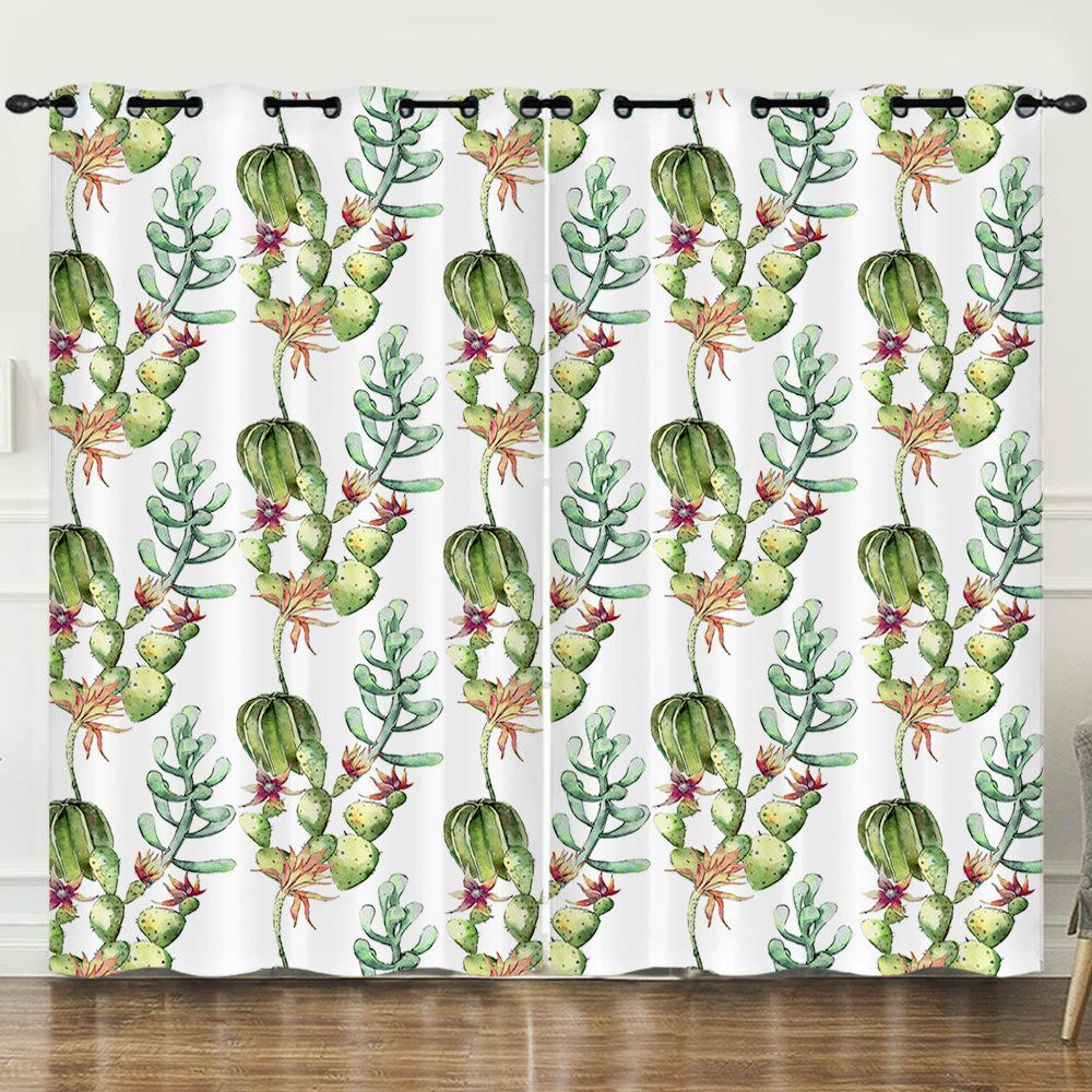 Curtains Fresh Green Plants Hand-Painted Cactus 3D Digital Printing Blackout Curtain Punching