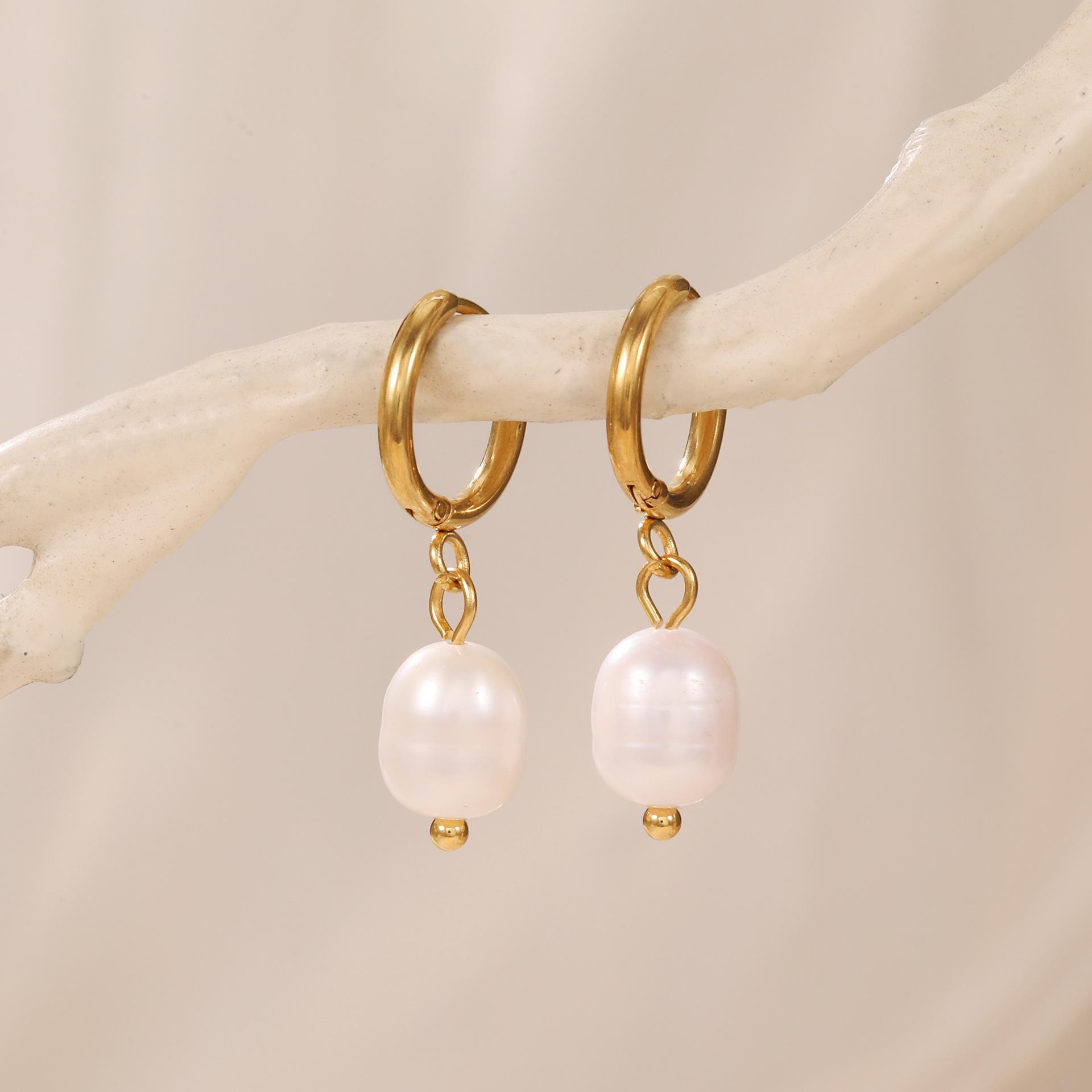 Gold PVD Plated Stainless Steel Anti Tarnish Freshwater Pearl Irregular Hoop Earrings Delicate Jewelry For Women