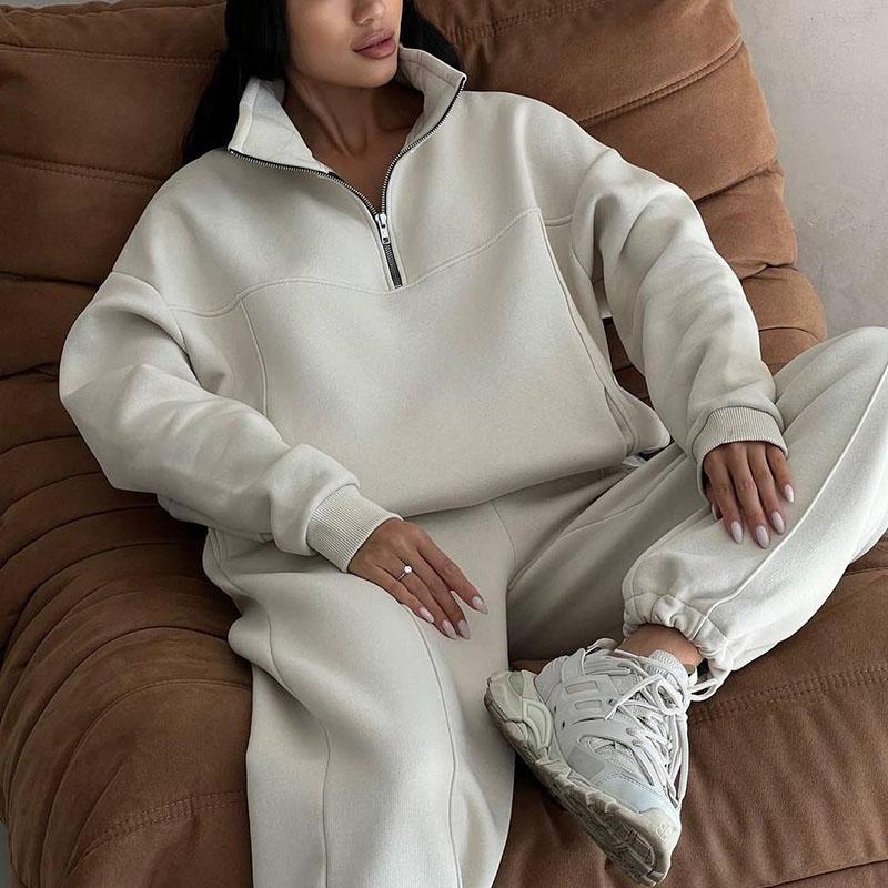 Autumn Winter New Sweapants Suits Women Stand Collar Zipper Sweatshirt 2 Pc Sets Solid Casual Women Pants