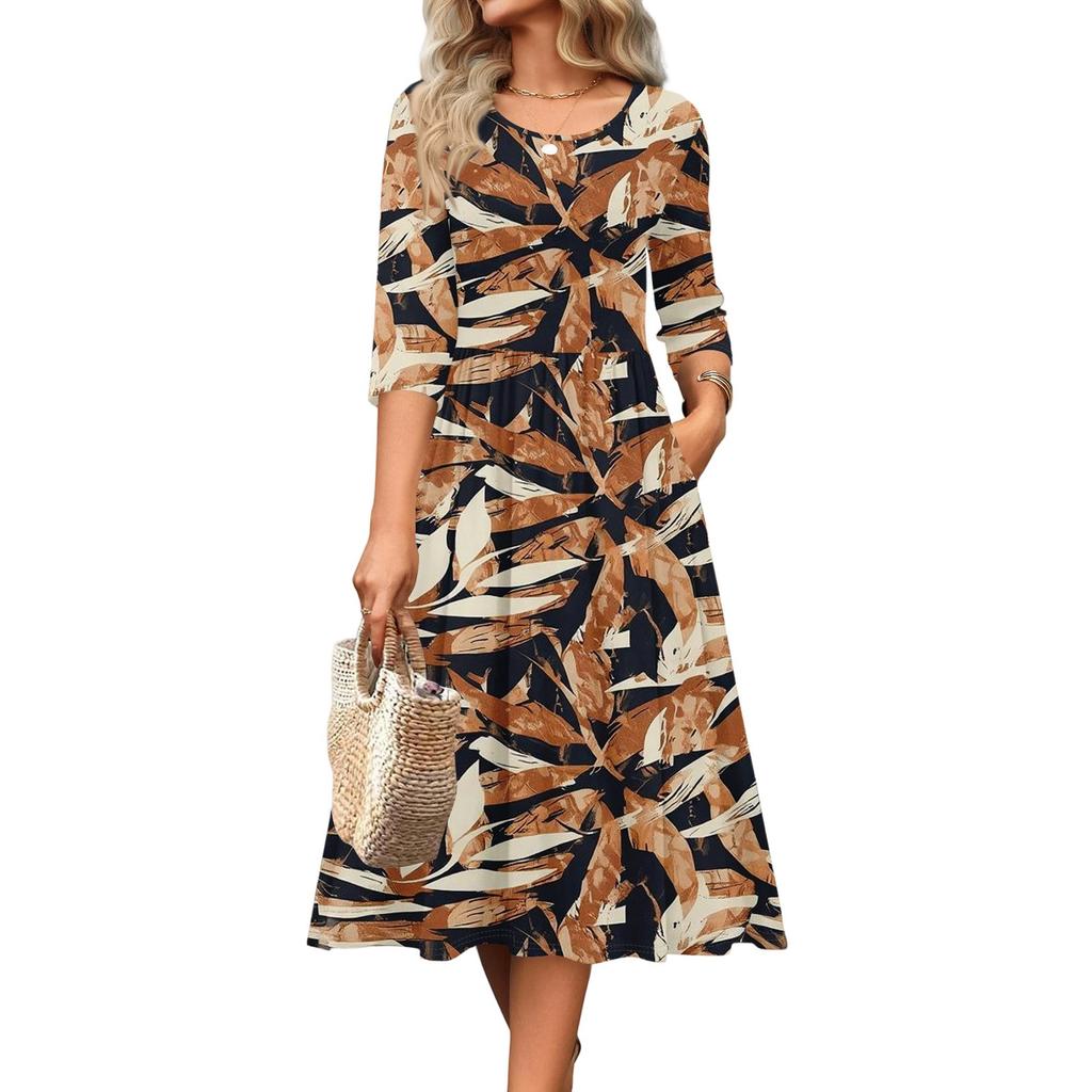 3/4 Sleeve Women's Dress Casual Flowy A-Line Midi Tshirt Dresses With Pockets Crewneck Vocation Boho Beach Sundress