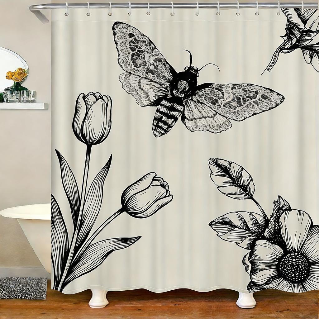 Vintage Moth & Floral Sketch Waterproof Shower Curtain for Bathroom Decor