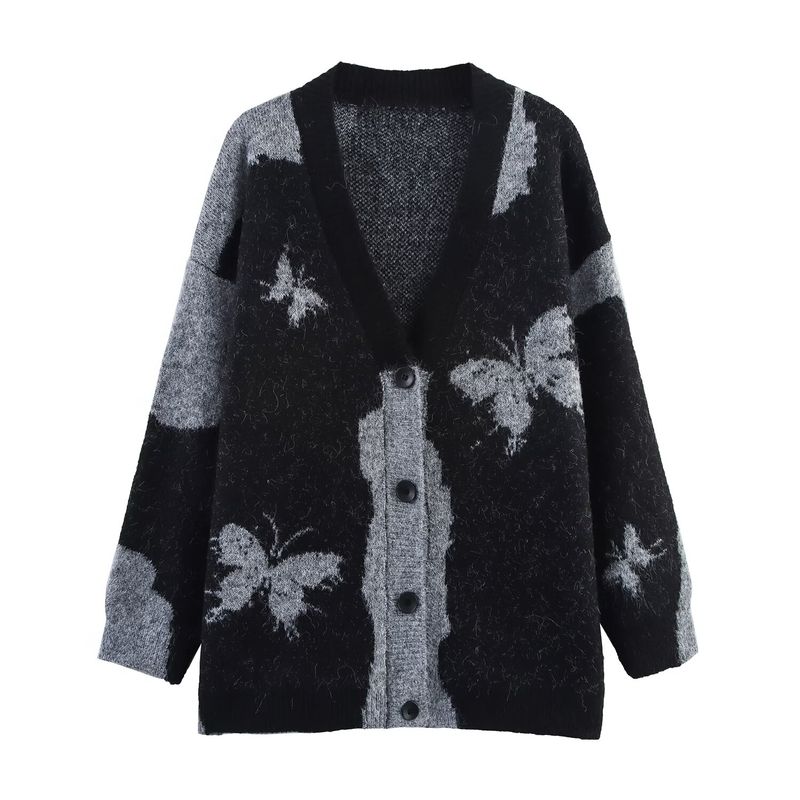 Kaslead New Women Clothes Western Style Lazy Butterfly Jacquard V-neck Long Sleeve Knit Sweater Cardigan Outerwear