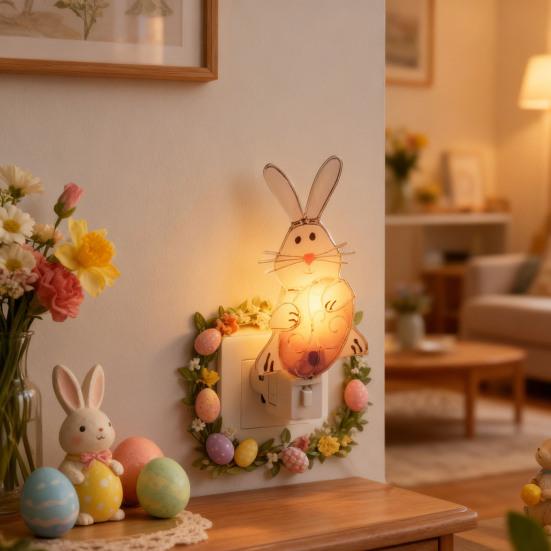 Plug-in Easter Bunny Night Light Love Heart Wall Outlet LED Lamp Holiday Party Home Living Room Bedroom Decoration Light