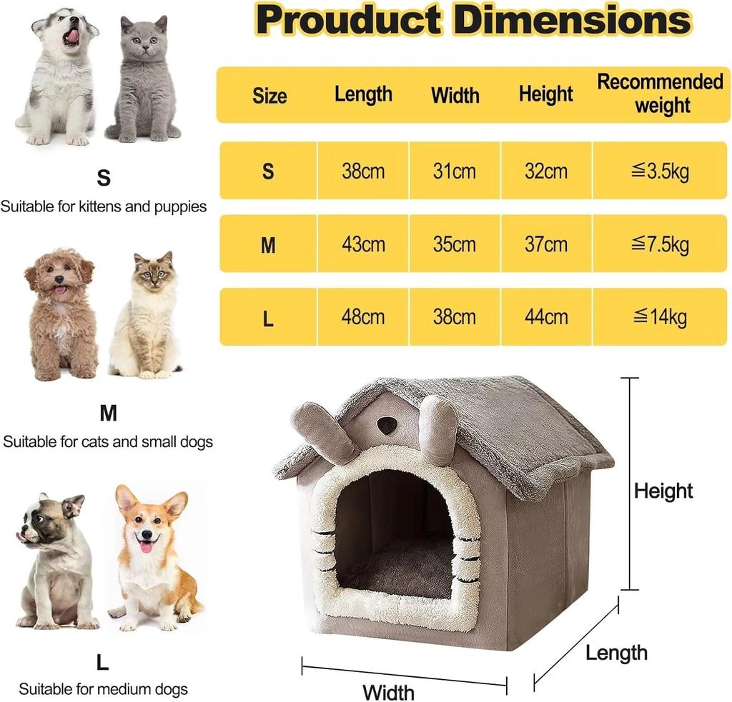 Dog Bed Cat House Gray Soft Plush Detachable Semi Enclosed Foldable Warm Cat Villa Pet Dog Nest Four Season Universal Cat Bed