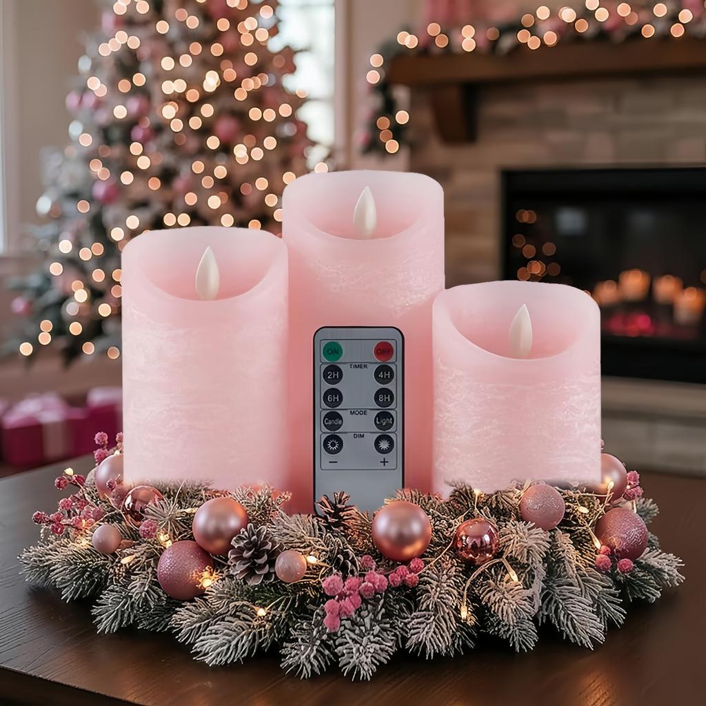 Set of 3 Flickering Flameless Pink LED Candle Battery Operated W/timer Remote Control Velas Artificiales Para Decor Paraffin Wax