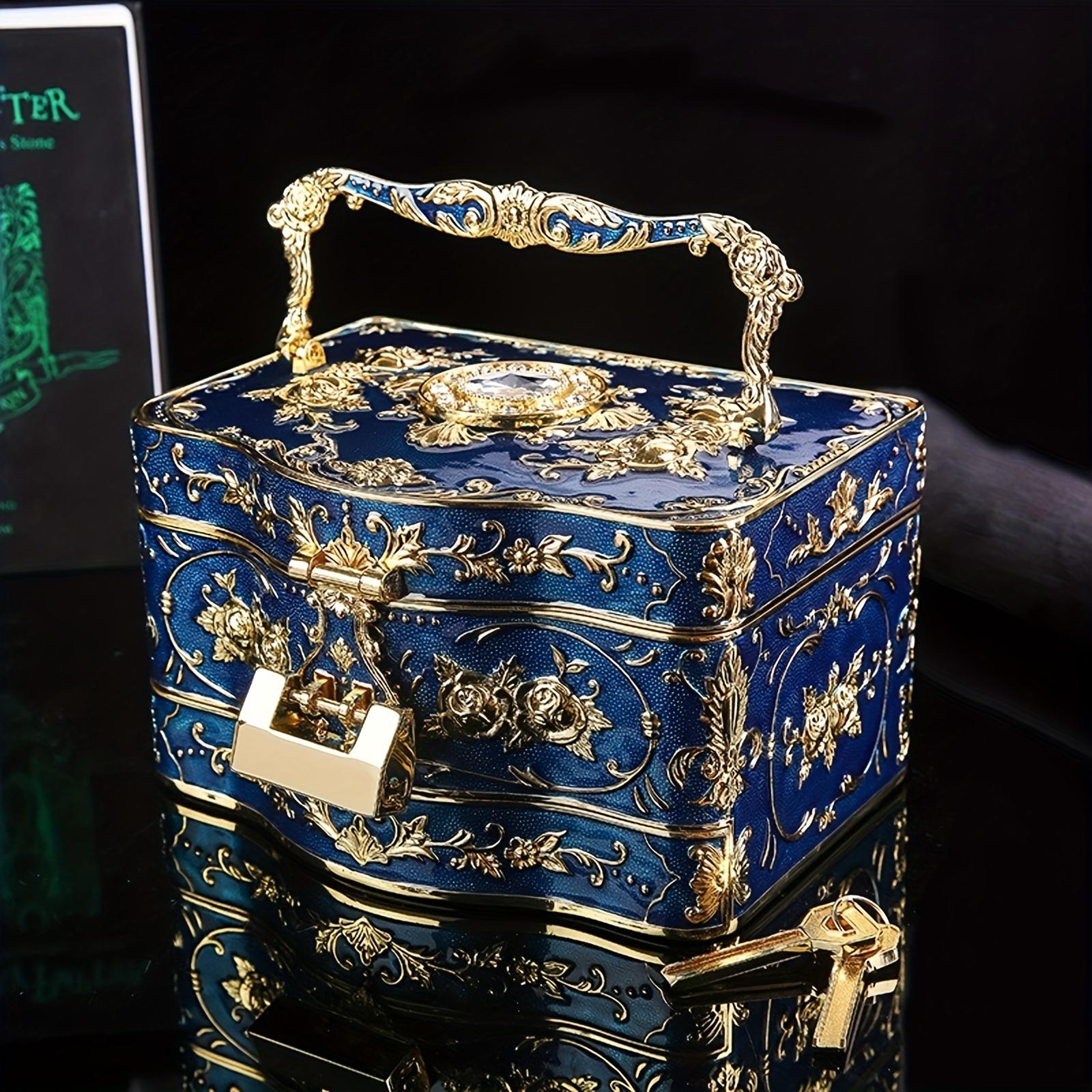 

Винтажный стиль, прямоугольный металлический контейнер для хранения ювелирных изделий большой емкости с замком, портативный свадебный подарок для макияжа 21X15X12CM