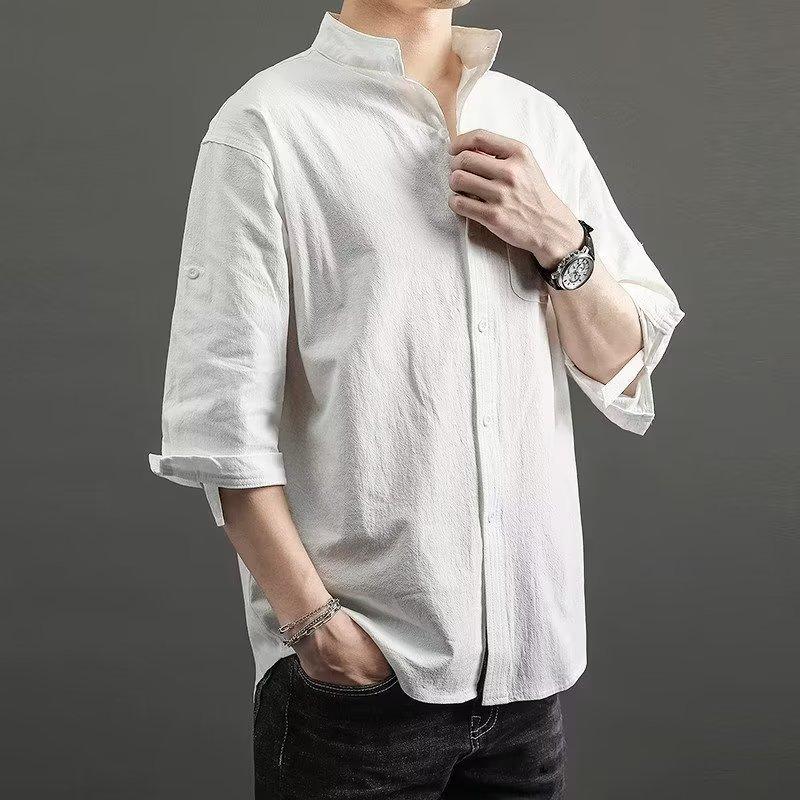 Men'S Loose Workwear Shirt Half Sleeved Casual Middle-Aged And Young Standing Collar Shirt Cardigan