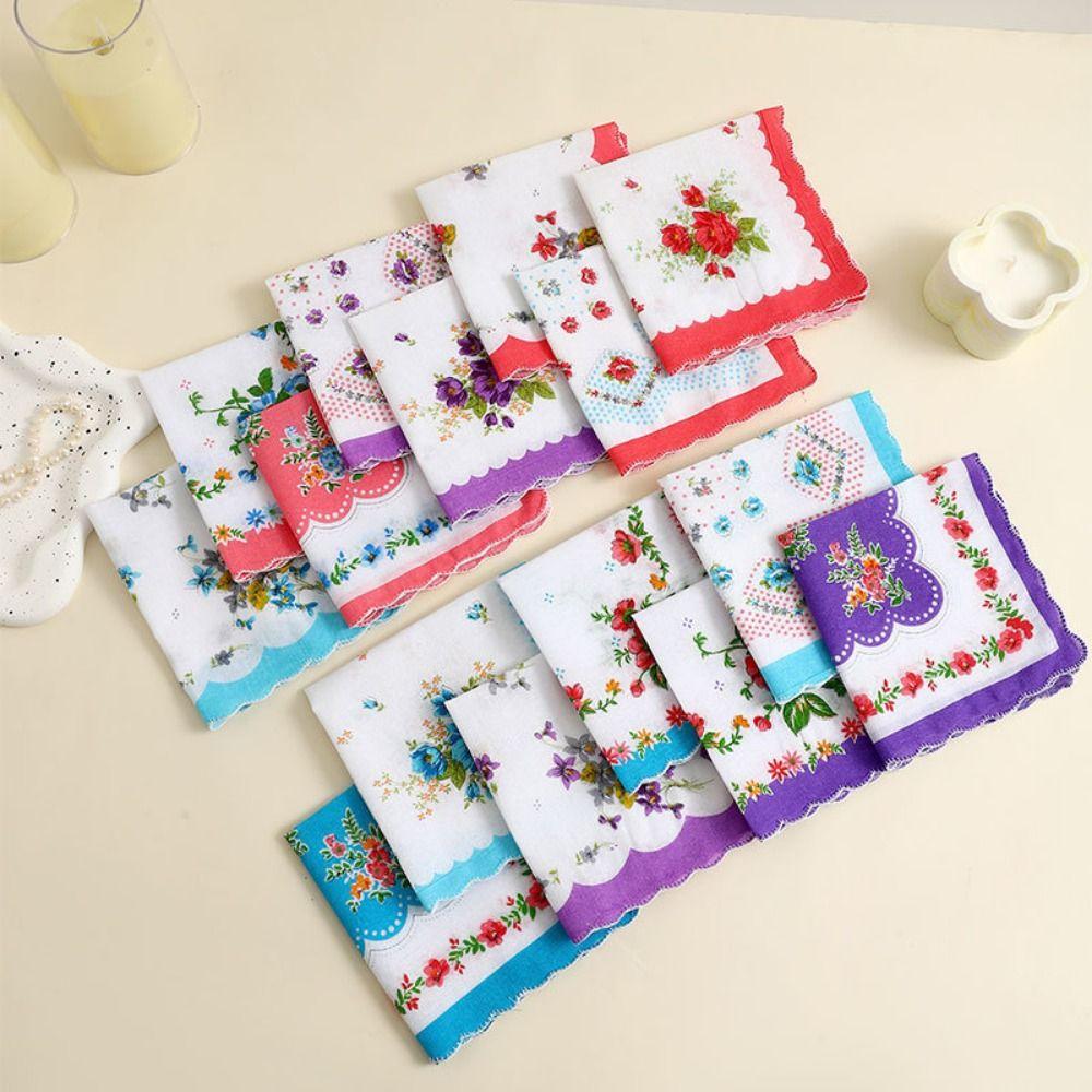 12Pcs Vintage Style Women's Printed Handkerchiefs 28x28cm Breathable Square Hand Towel Tooth Edge Sweat Absorbent