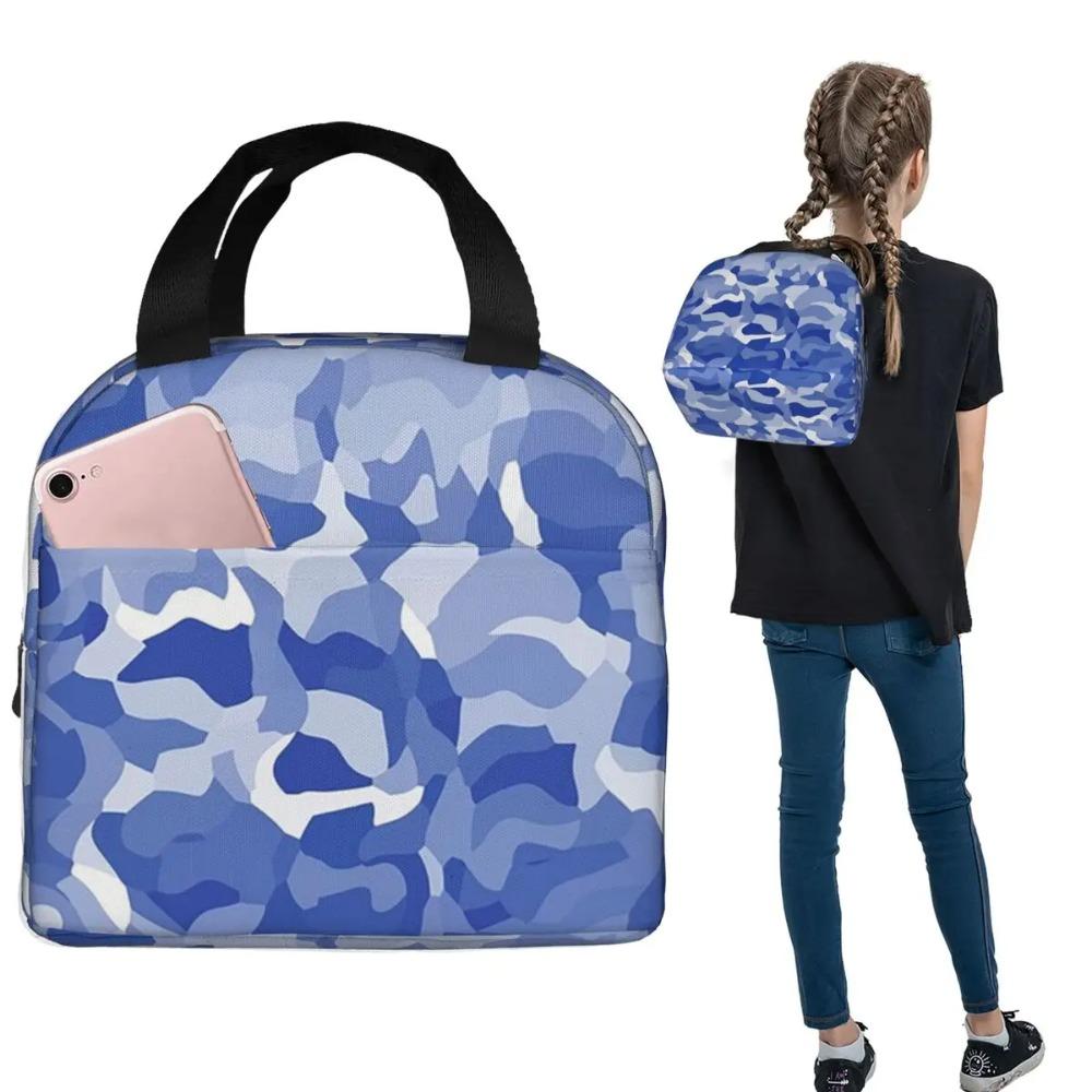 Blue White Blending Camouflage Insulated Lunch Bag for Women Children Leakproof Food Boxes Thermal Lunch Box Tote