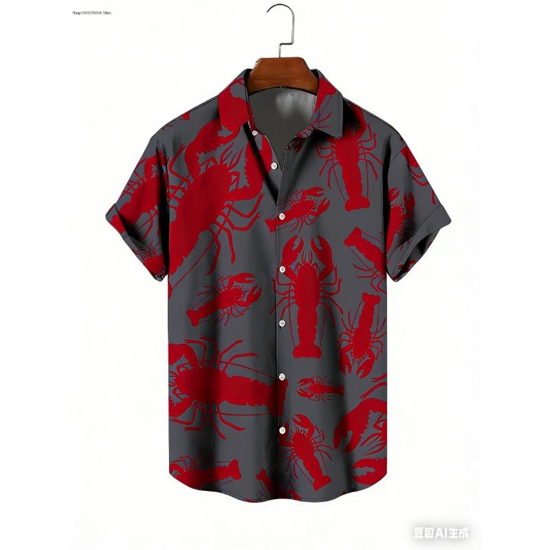 Men Hawaiian Shirt Lobster Printing Shirt Leisure Shirt Summer Fashion Casual Beach Vacation Short Sleeve Men Clothing Tops