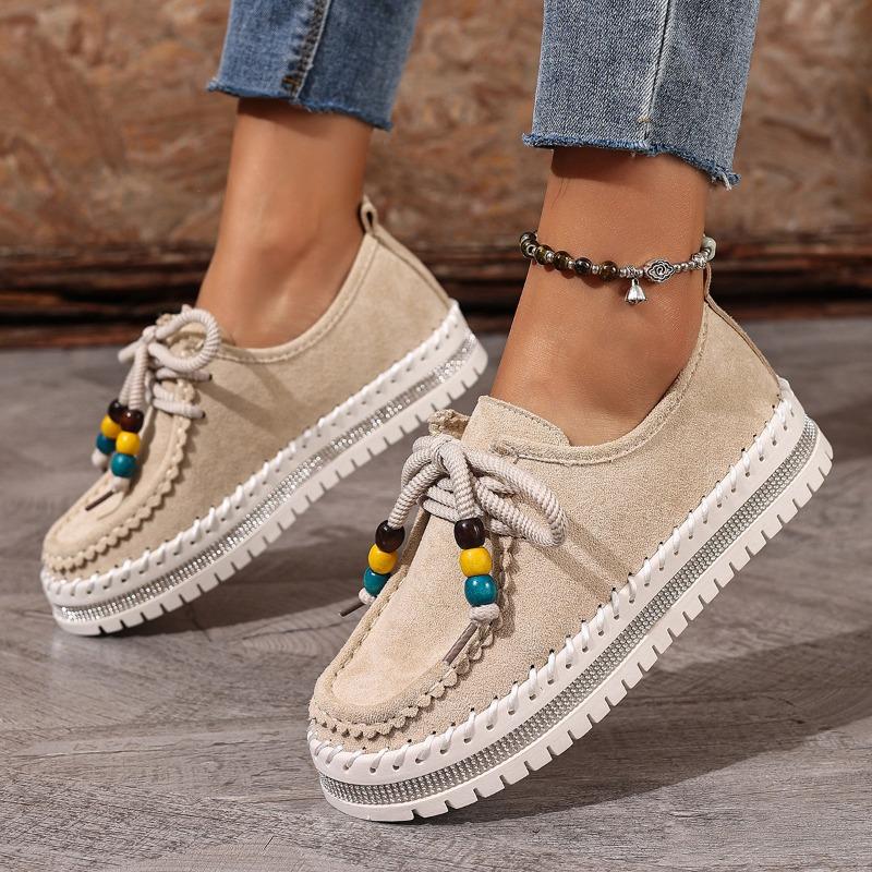 Women's Platform Flats, Front Lace-Up Bohemian Roman Shoes, Vintage Beaded Autumn Booties for Women